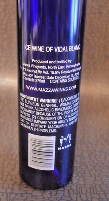 Colbalt Blue Bottle Lake Erie ICE WINE Vidal Blanc 2016 MAZZA ...
